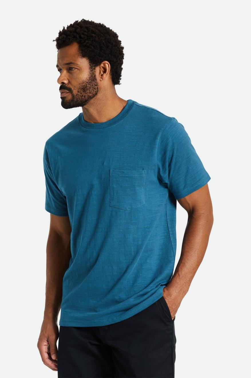 Men's Brixton Basic Slub S/S Pocket Tops Turquoise | 4206FVPCR