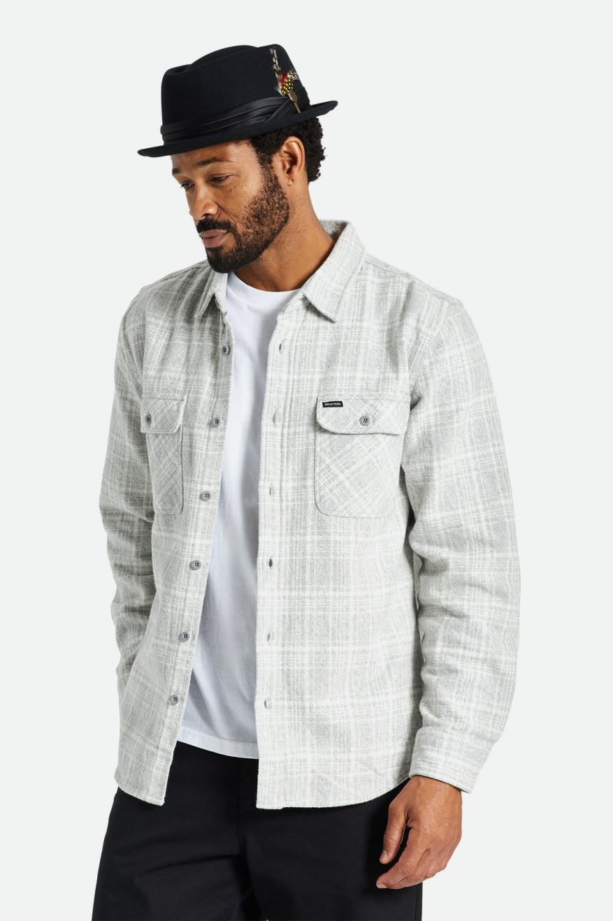 Men's Brixton Bowery Heavy Weight L/S Flannels Grey / White | 3941CTHEB