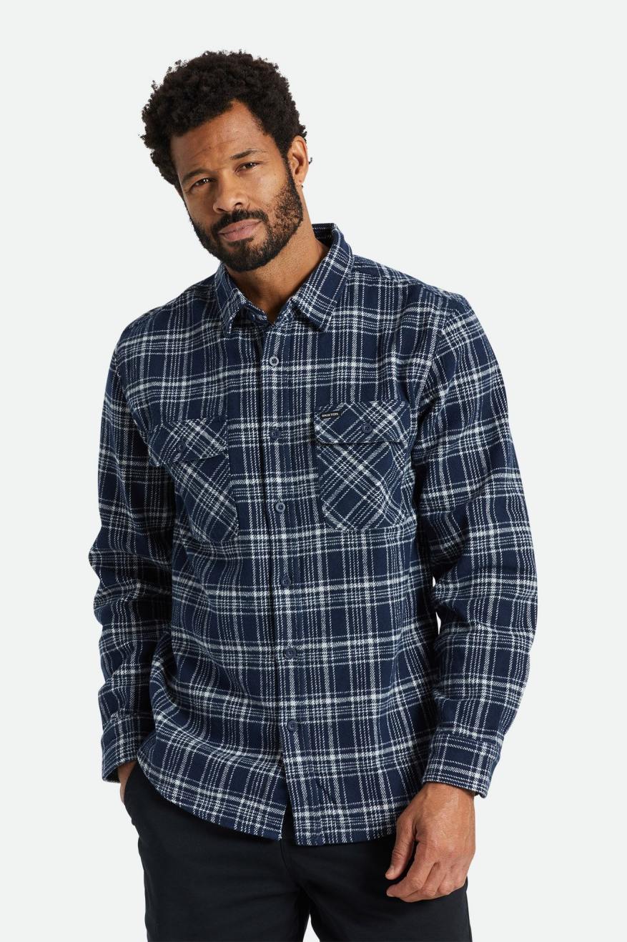 Men's Brixton Bowery Heavy Weight L/S Flannels Navy / Grey | 4258JCBZY