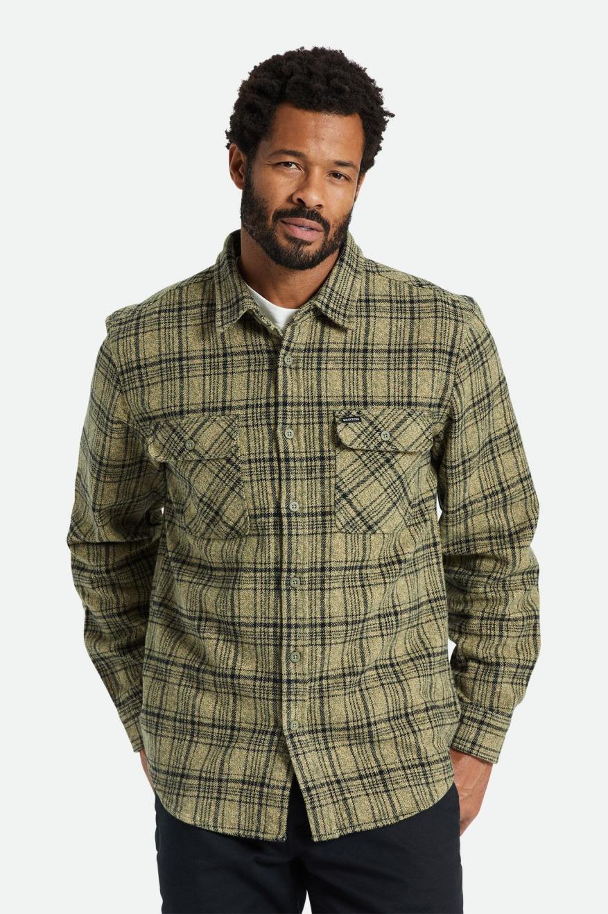 Men\'s Brixton Bowery Heavy Weight L/S Flannels Olive / Black | 3240KVIWQ