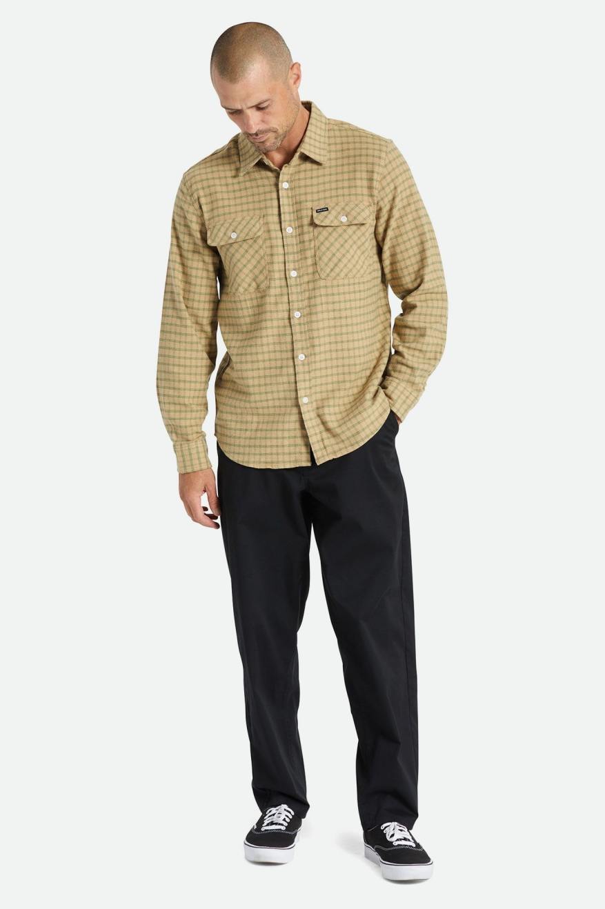 Men's Brixton Bowery Stretch L/S Utility Flannels Beige / Olive | 8079QPNJL