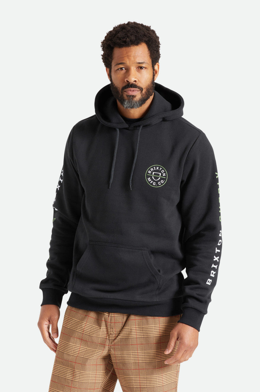 Men\'s Brixton Crest Hoodie Black / Green / White | 2459PMNKG