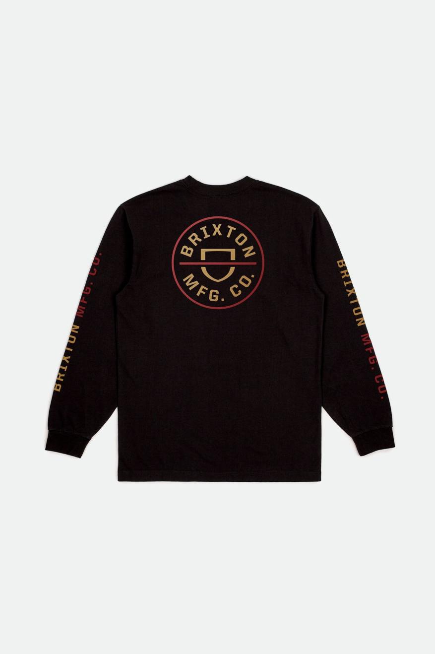 Men's Brixton Crest L/S Standard Tops Black / Red / Light Gold | 2945EFWAJ