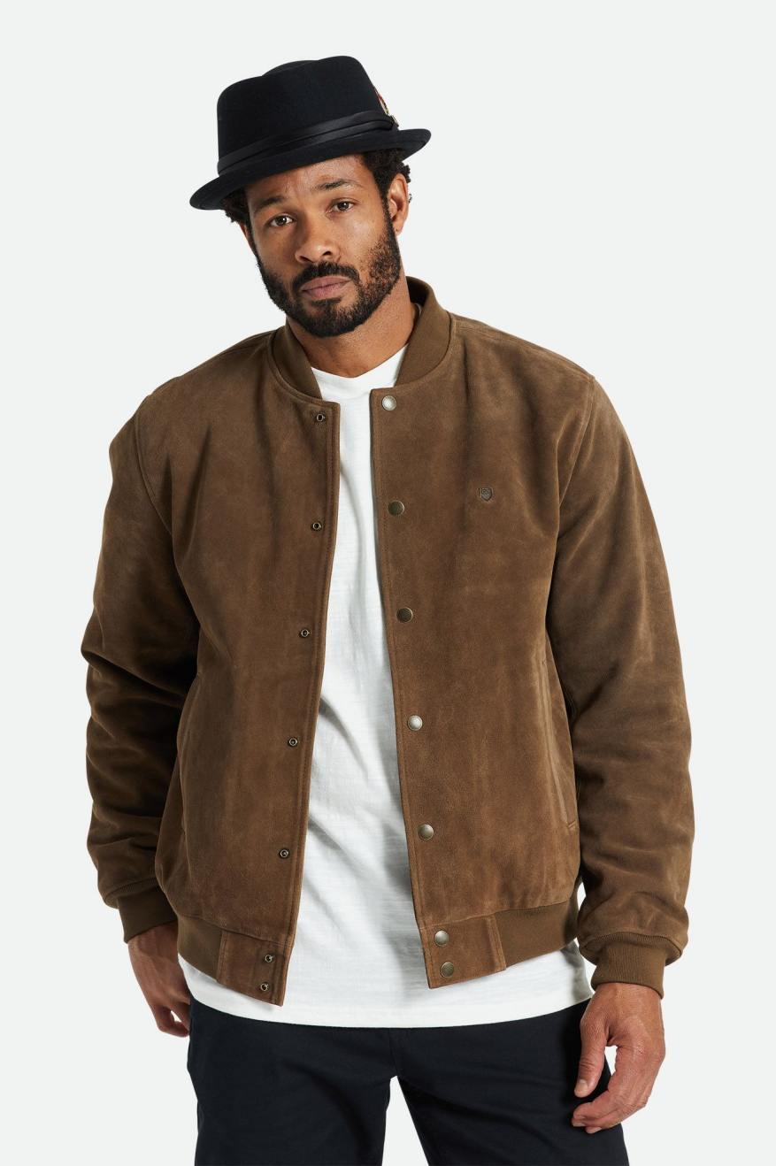 Men's Brixton Dillinger Reserve Suede Bomber Jackets Brown | 3869TYCJD