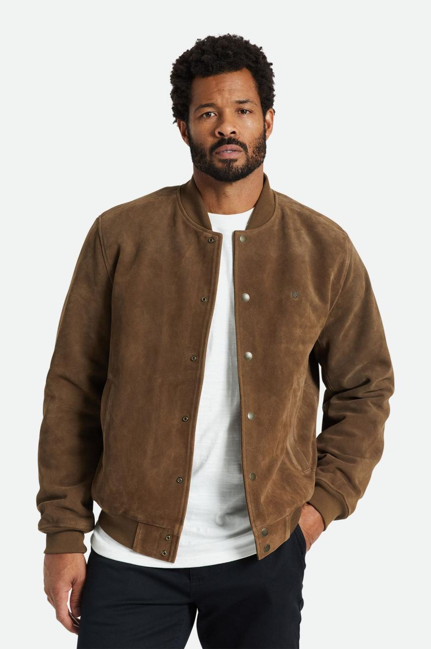 Men\'s Brixton Dillinger Reserve Suede Bomber Jackets Brown | 3869TYCJD