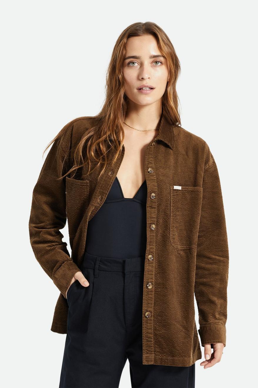 Women's Brixton Dundee Corduroy Overshirt Tops Brown | 5876LVDQF