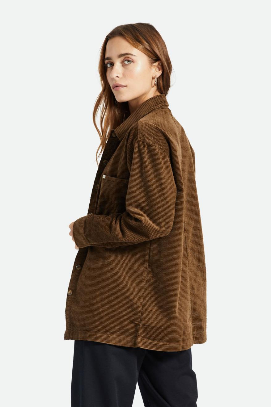 Women's Brixton Dundee Corduroy Overshirt Tops Brown | 5876LVDQF